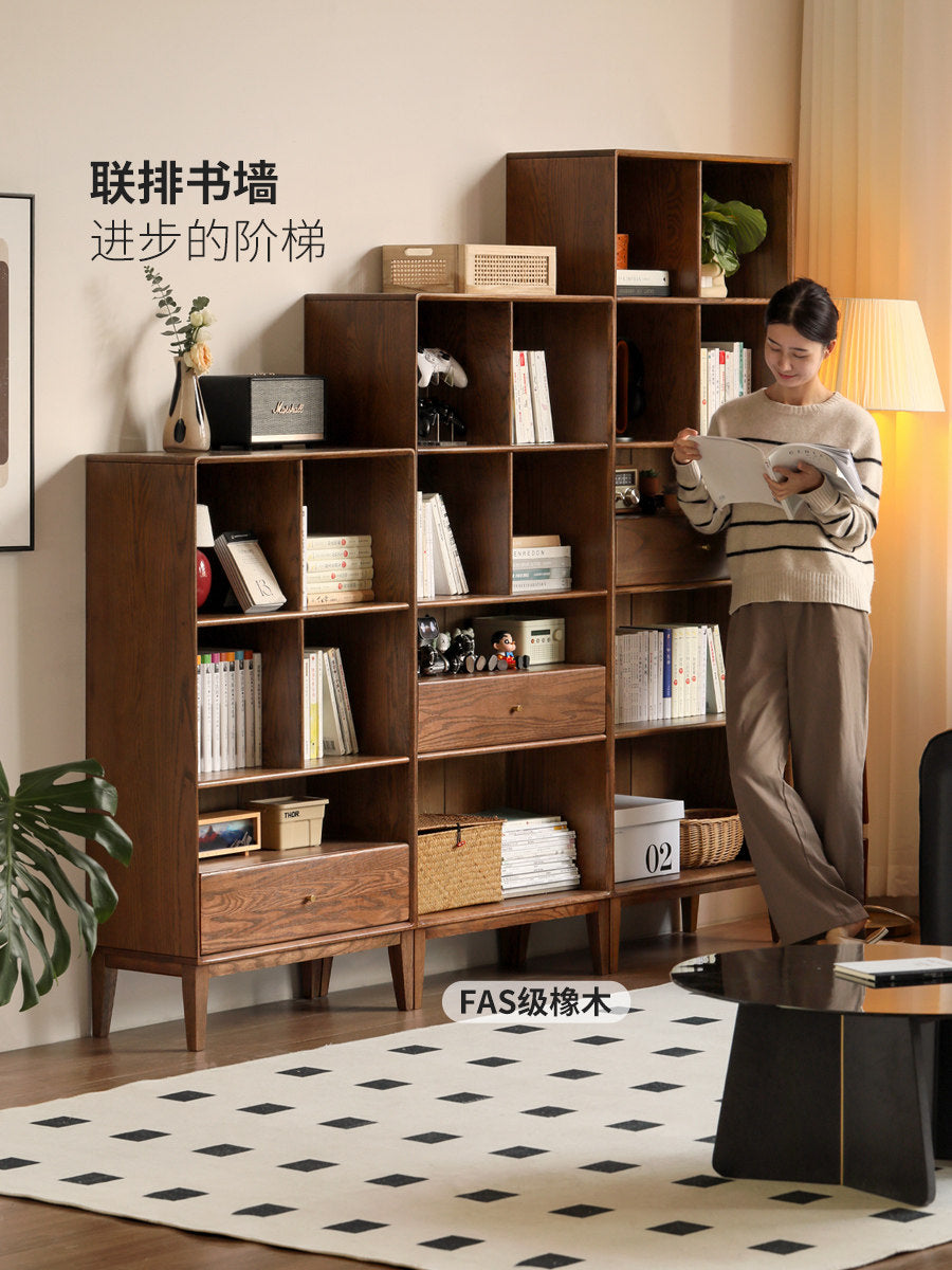 实木书柜现代简约书房开放收纳柜胡桃色橡木组合置物柜子